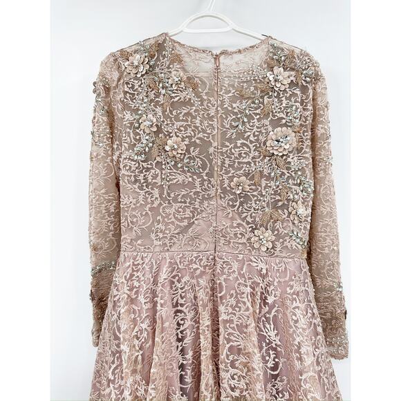 Mac Duggal 11121 Mocha Embellished Long Sleeve Illusion A-Line Gown Size 6 - Picture 4 of 10